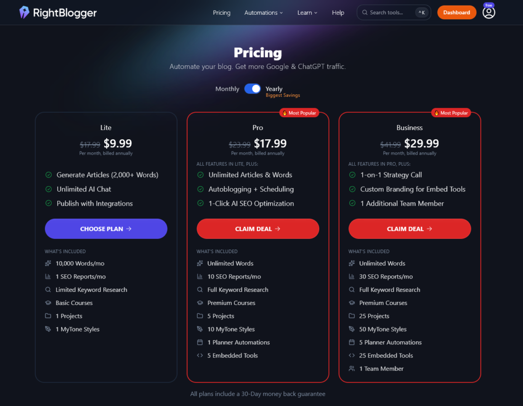 The RightBlogger pricing plans, listing Lite, Pro, and Business, set to the Annual options