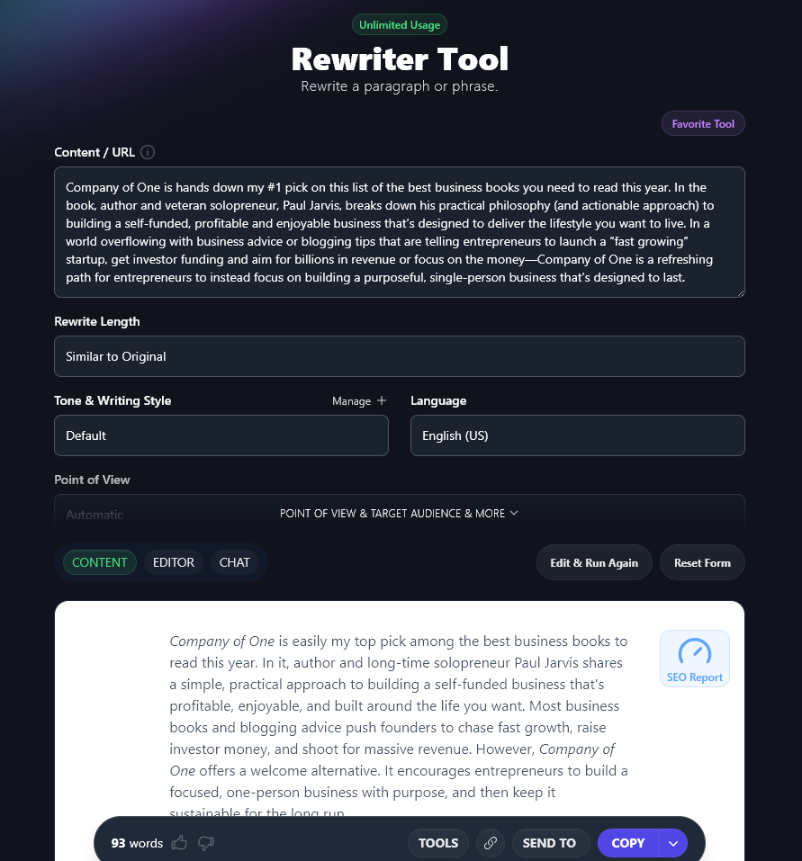 Using the Rewriter tool in RightBlogger to get AI to rework content you've already created.