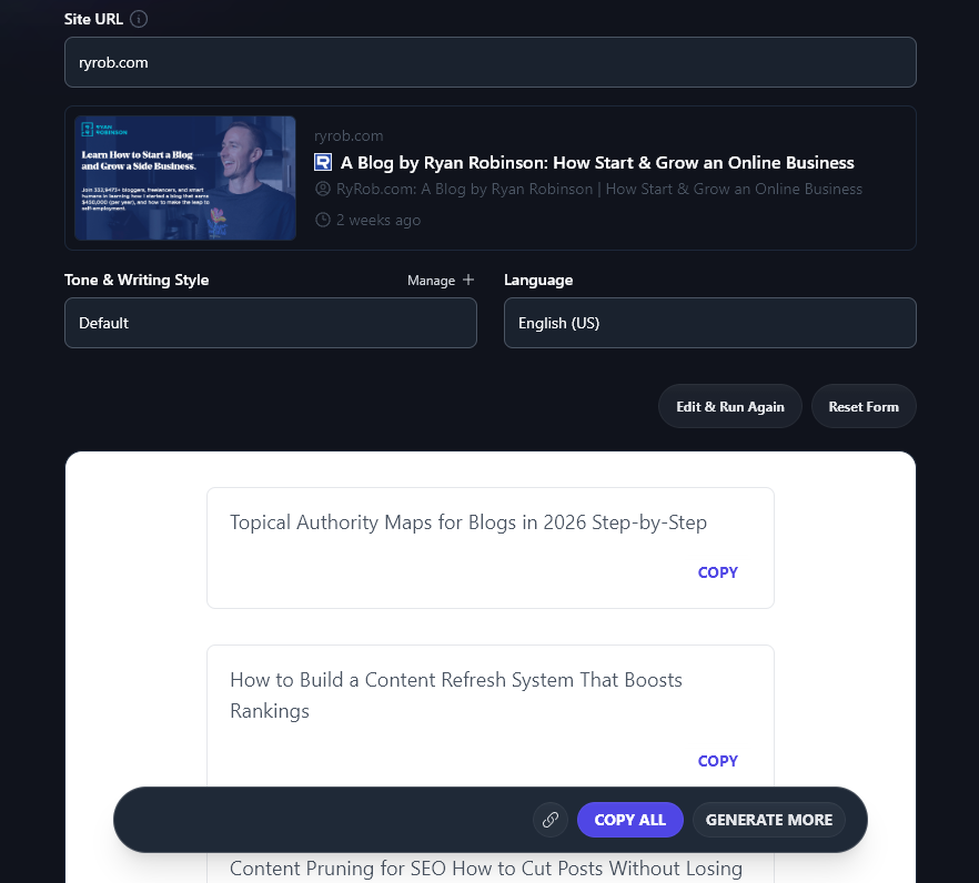 Blog post ideas generated by the Smart Suggest tool for the RyRob blog