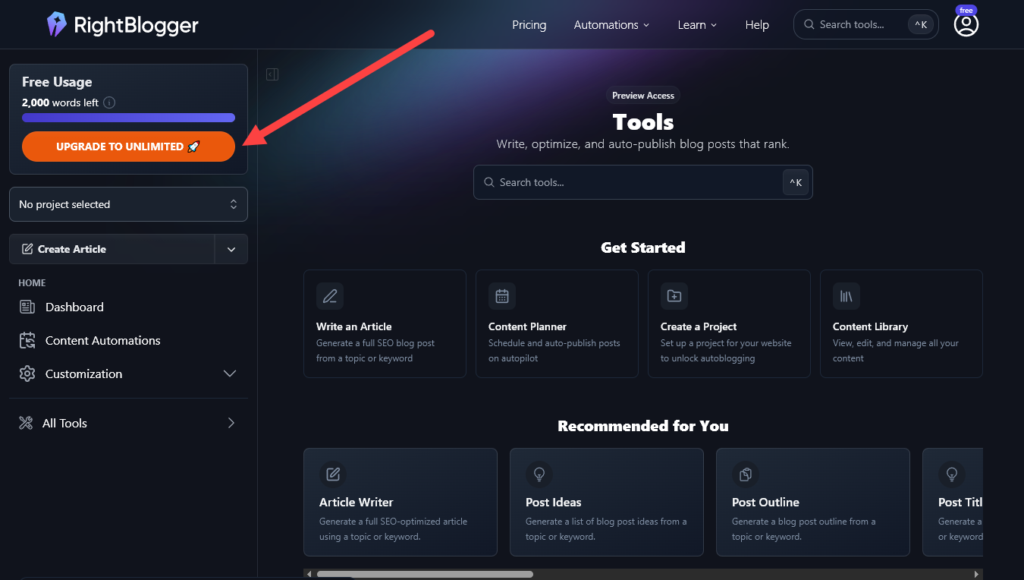 The RightBlogger dashboard