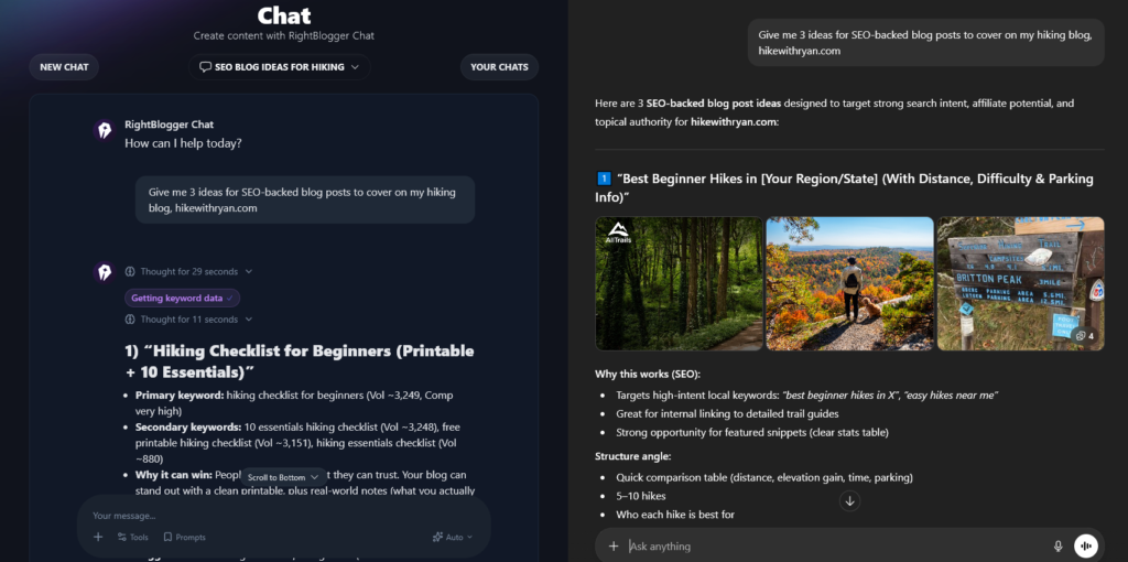 RightBlogger Chat vs ChatGPT Comparison Image (Screen Shot) of Writing a Blog Post with AI