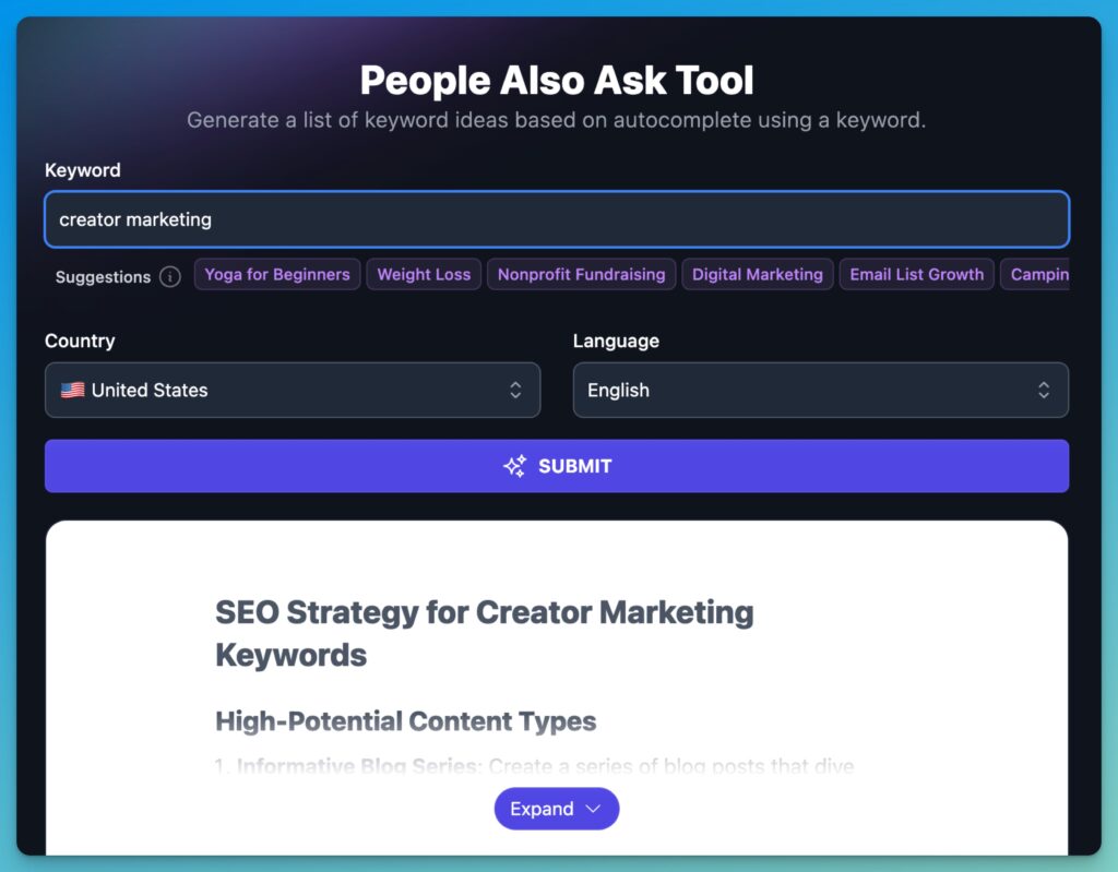 People Also Ask Tool Example for Creator Marketing Topic
