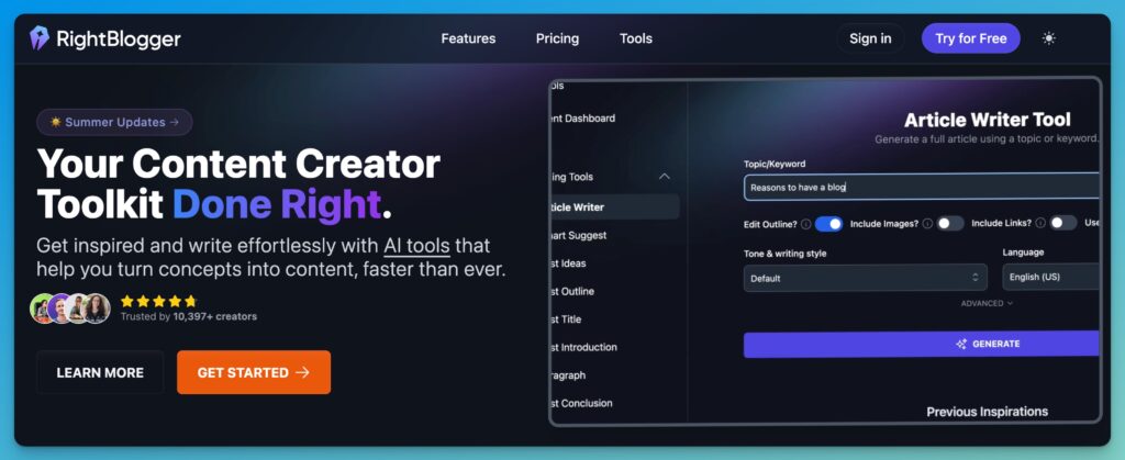 RightBlogger Tools for Content Creators and Marketers (Homepage)