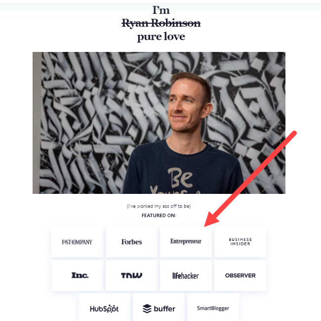 Ryan Robinson Homepage Screenshot with Sites I've Been Featured On (Example)