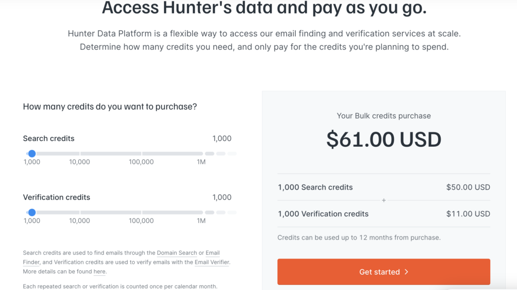 Hunter Data Pay as You Go Pricing Table