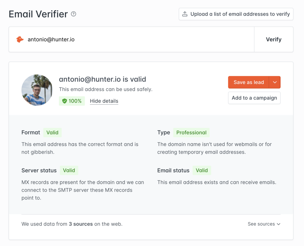 Email Verifier Tool in Hunter (Screen Shot)
