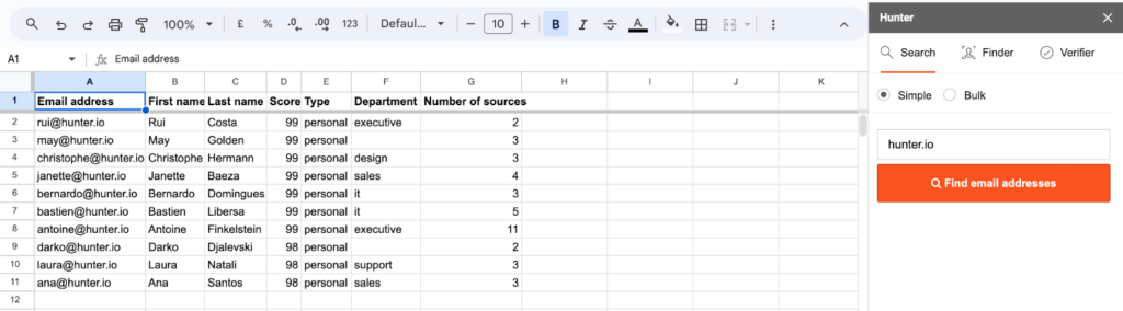 Hunter Integration for Google Sheets (Example)