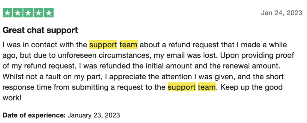 Positive Hunter Review for Customer Support
