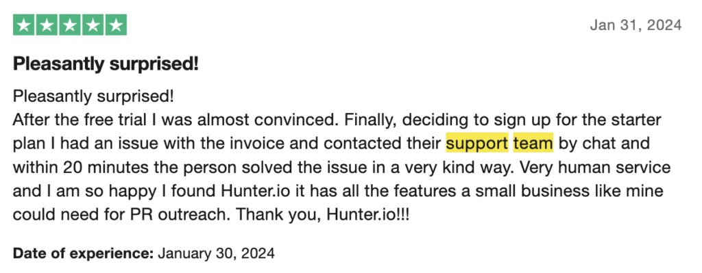 Customer Support Team Praise (Hunter.io)