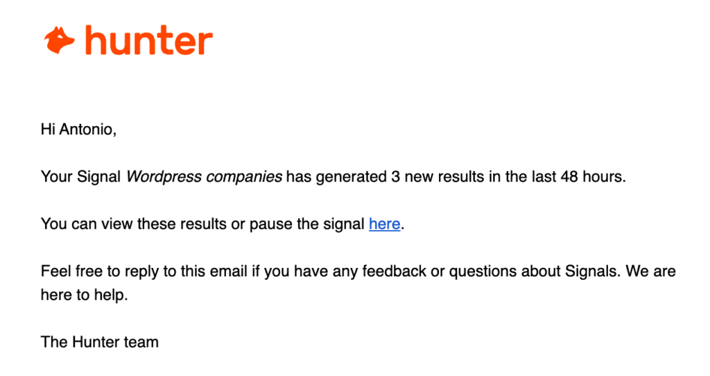 Hunter Signals Feature Email Notification