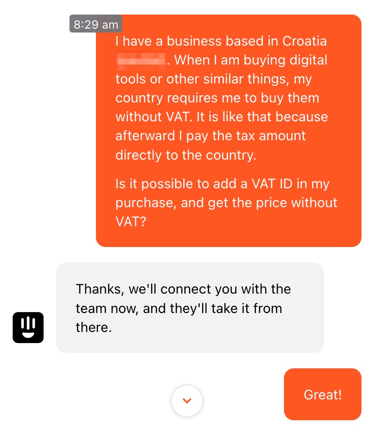 Hunter Customer Service Chat Example (Convo 2)