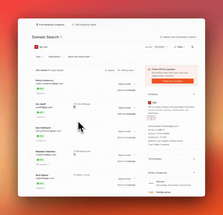 Video Tutorial (GIF) of Filtering Domain Search Leads in Hunter