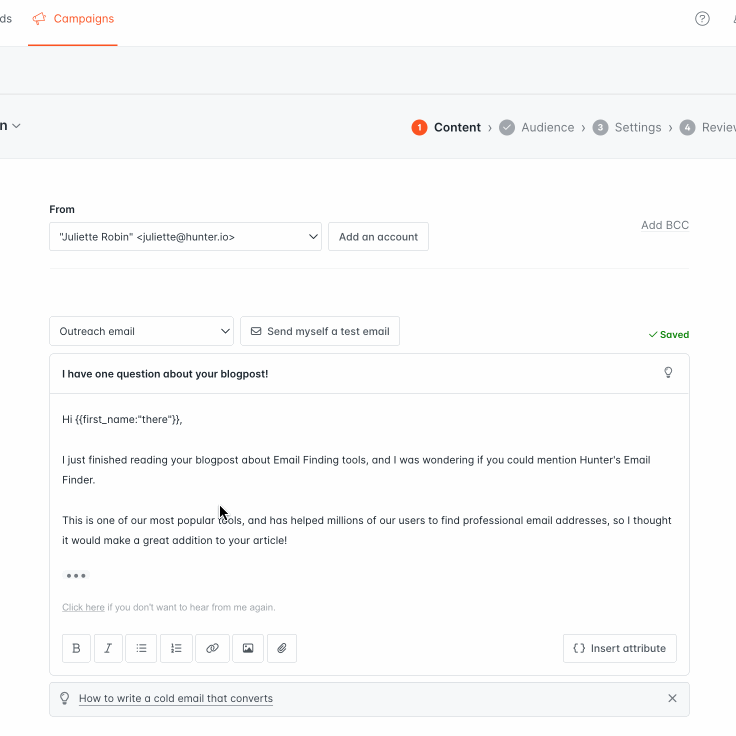 Hunter Campaigns (Screen Shot) Example of Using in an SEO Content Strategy for Outreach