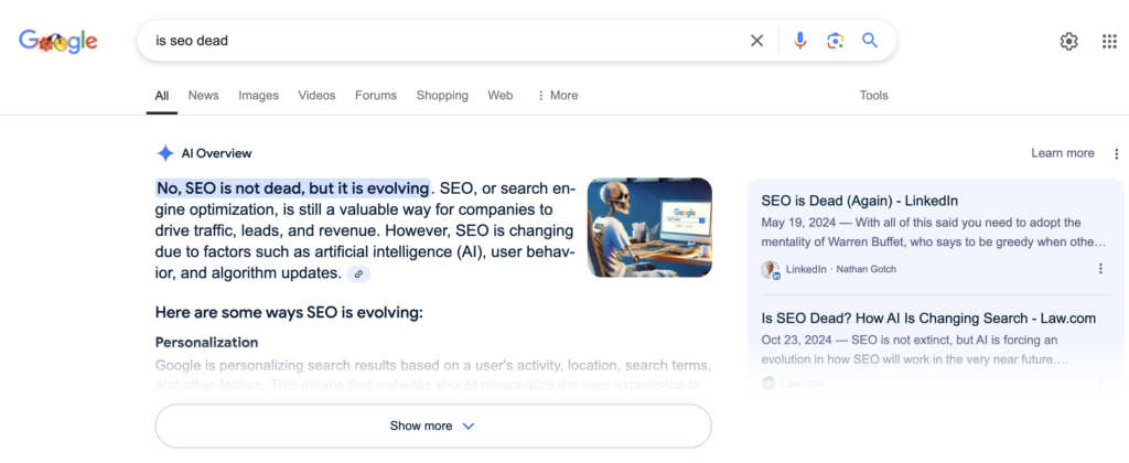 Example of Google AI Summary (Is SEO Dead Search)