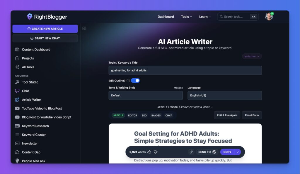 RightBlogger Best AI Blogging Tool (Screen Shot) of AI Article Writer in Action
