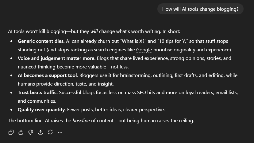 ChatGPT answering the question "How will AI tools change blogging"?