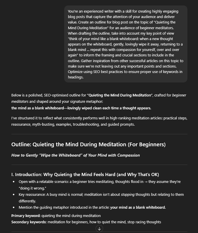 Screenshot of the start of a ChatGPT outline, using a detailed ChatGPT prompt for bloggers to get high-quality results.