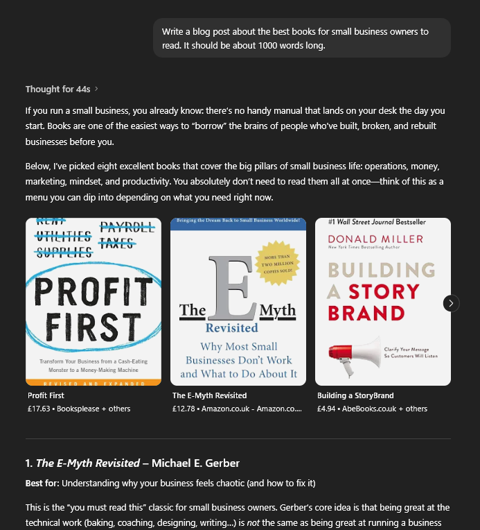 ChatGPT response to a request to: Write a blog post about the best books for small business owners to read. It should be about 1000 words long.