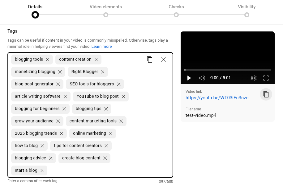 Video Tags Displaying in YouTube Studio