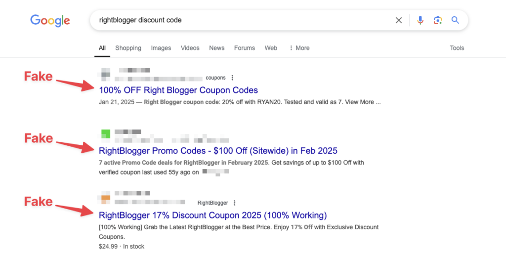Fake RightBlogger Discount Codes on Coupon Sites (Screen Shot)