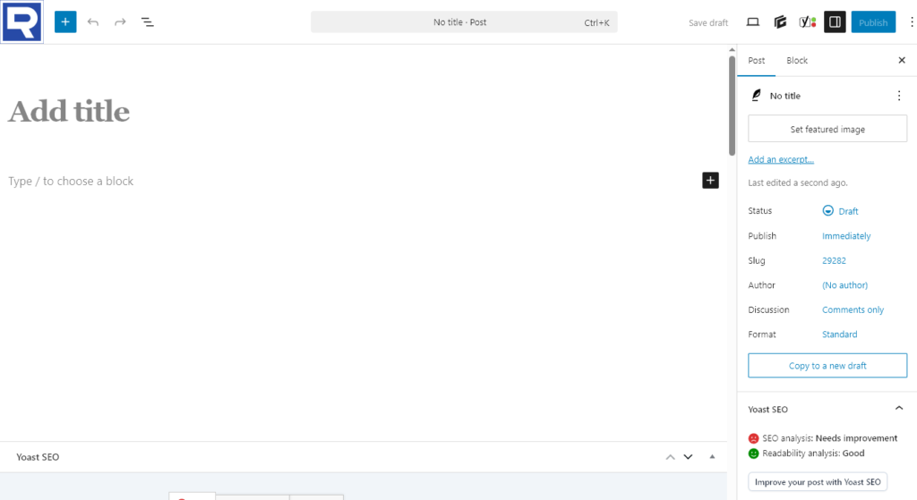 A blank post in the block editor (Gutenberg editor) inside WordPress.