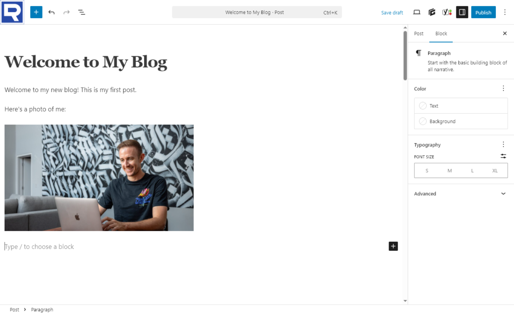Example blog post with title, text, and image.