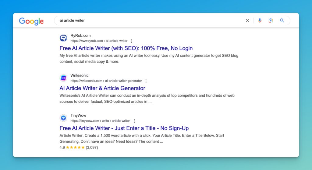 AI Article Writer Free Tool Google Search Result Example (Screenshot)