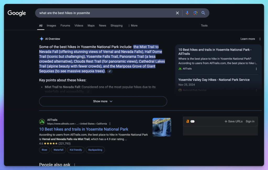 AI for SEO Example (Hikes in Yosemite) Organic Content