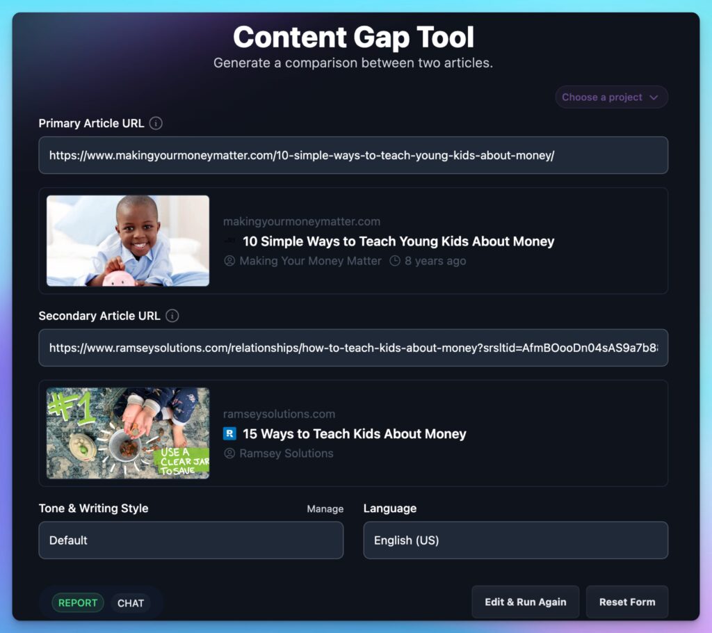 Content Gap Analysis Tool for AI SEO Optimization Opportunities (Screen Shot)