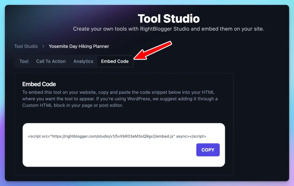 Embed-Code-Menu-in-Tool-Studio-Example-of-AI-Tools-Embedded