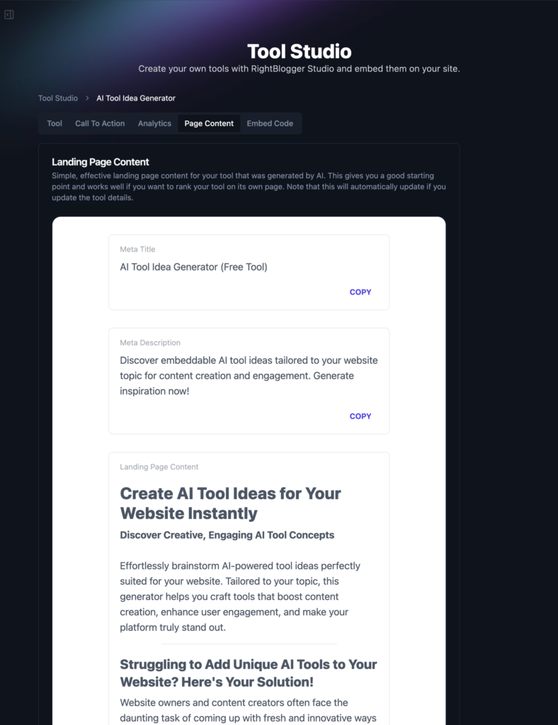 Page Content for SEO Landing Page with Tool Studio