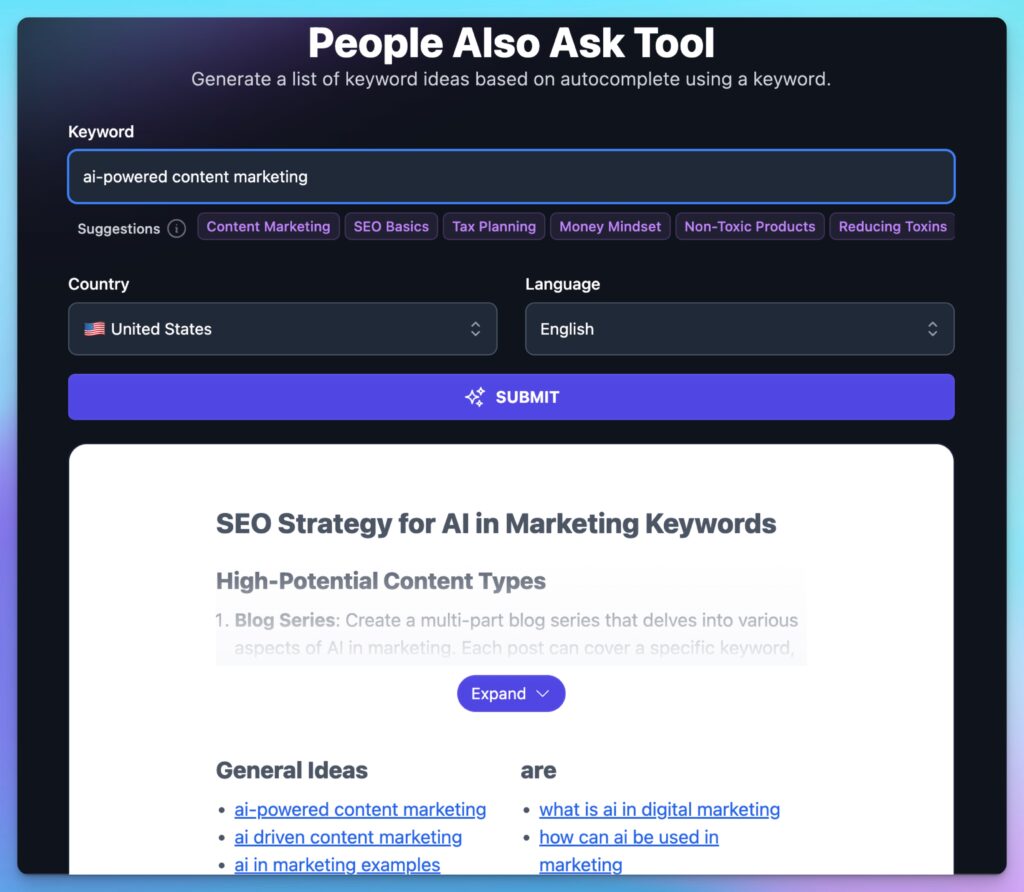 People Also Ask AI for SEO Tool (Screen Shot) Example