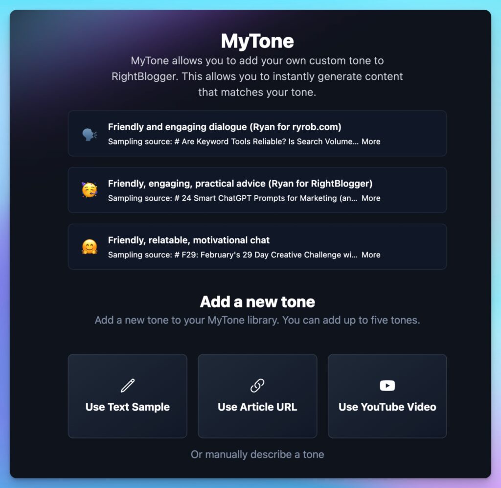 RightBlogger MyTone for Personalizing AI Voice and Style (Screen Shot)