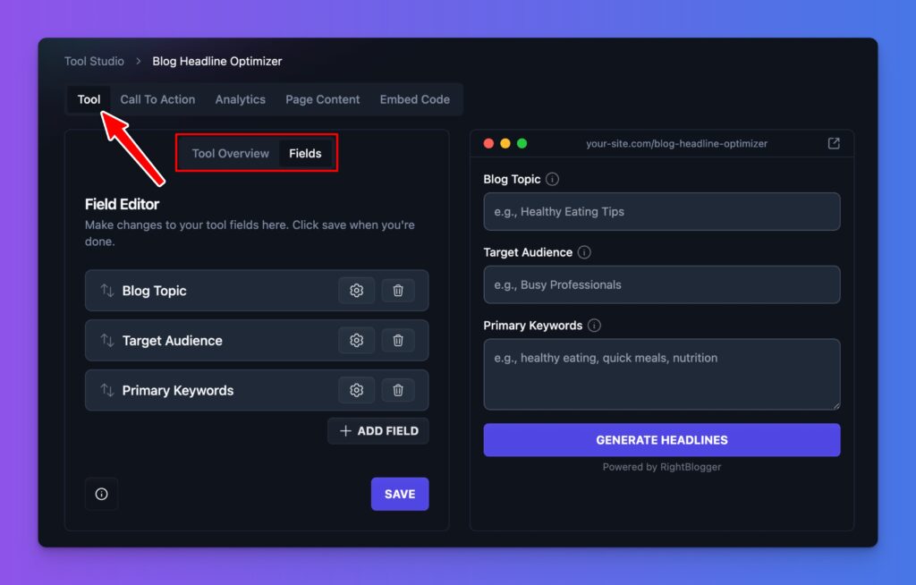 Tool Editor in RightBlogger Tool Studio (Screen Shot)