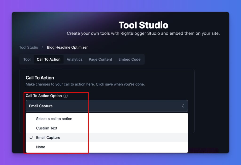 Tool Studio Call to Action Screen Shot (Options)