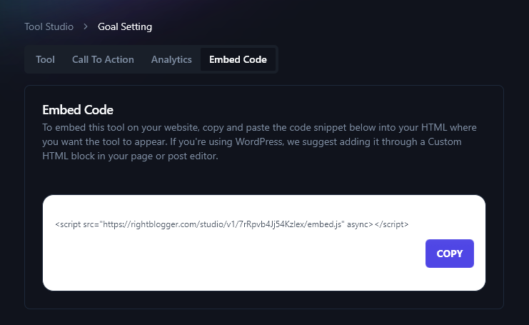 Getting the Embed Code for Your New Tool From the RightBlogger Tool Studio
