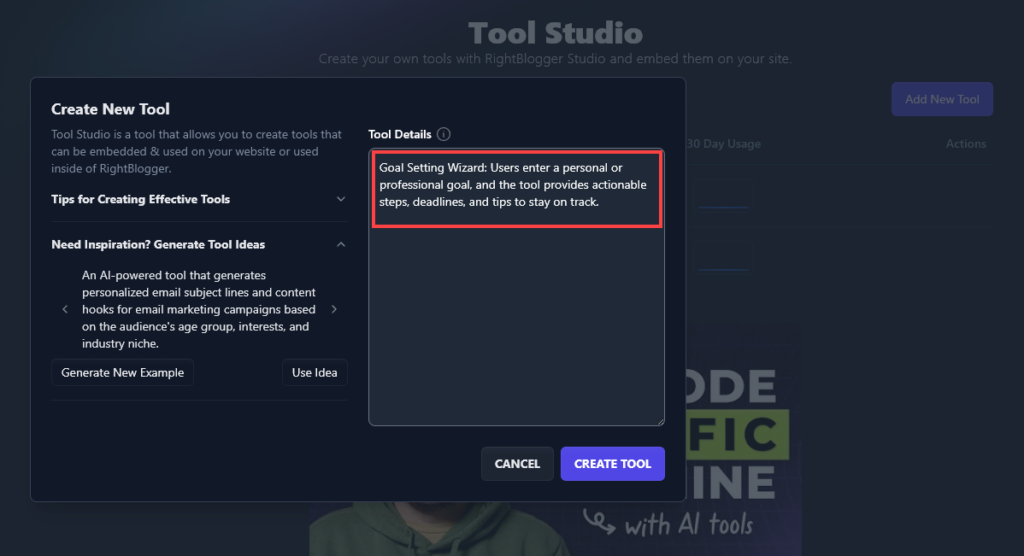 Creating a New Tool With the RightBlogger Tool Studio (Recommended Option) and Copying and Pasting In Your AI Tool Idea