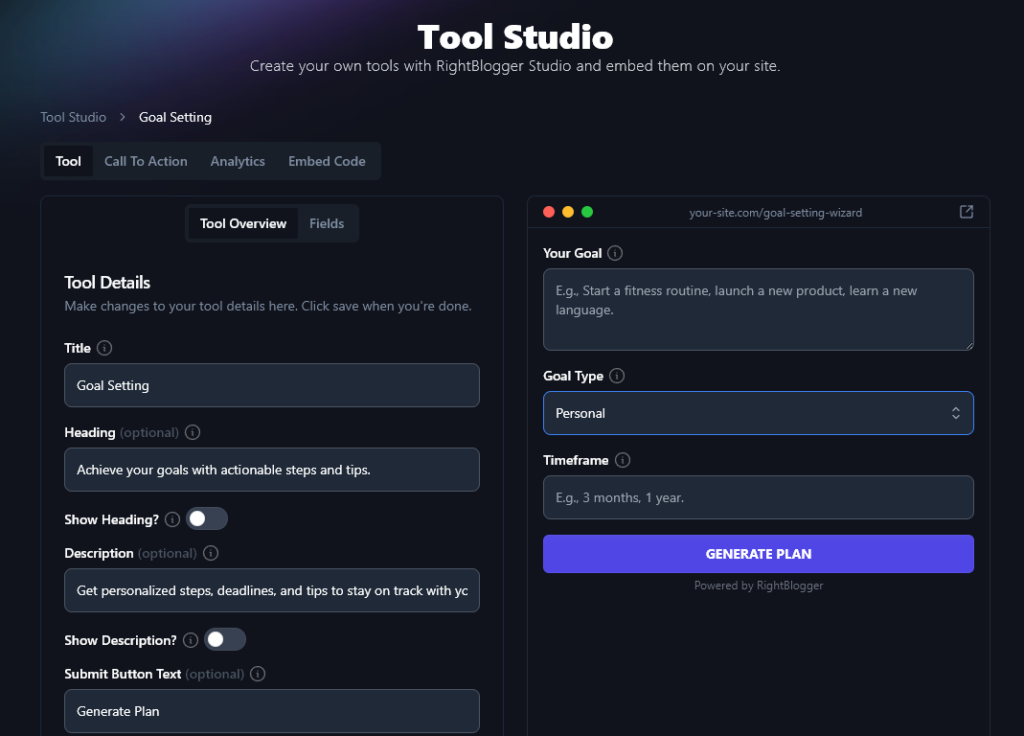 The Draft Tool Created By the AI in the RightBlogger Tool Studio