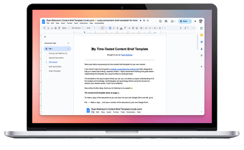 Ryan Robinson's Content Brief Template Download (Screenshot)