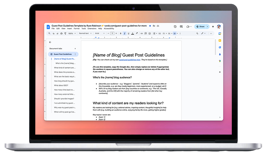 Ryan Robinson's Guest Post Guidelines Template Download (Screenshot)