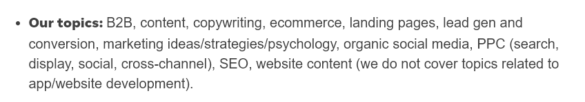 Extract from WordStream's guest post guidelines. Text reads: Our topics: B2B, content, copywriting, ecommerce, landing pages, lead gen and conversion, marketing ideas/strategies/psychology, organic social media, PPC (search, display, social, cross-channel), SEO, website content (we do not cover topics related to app/website development).