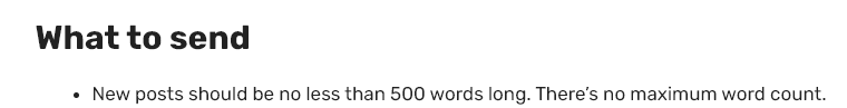 Extract from Mini Traveller's guest post guidelines. Text reads: What to send: New posts should be no less than 500 words long. There's no maximum word count.