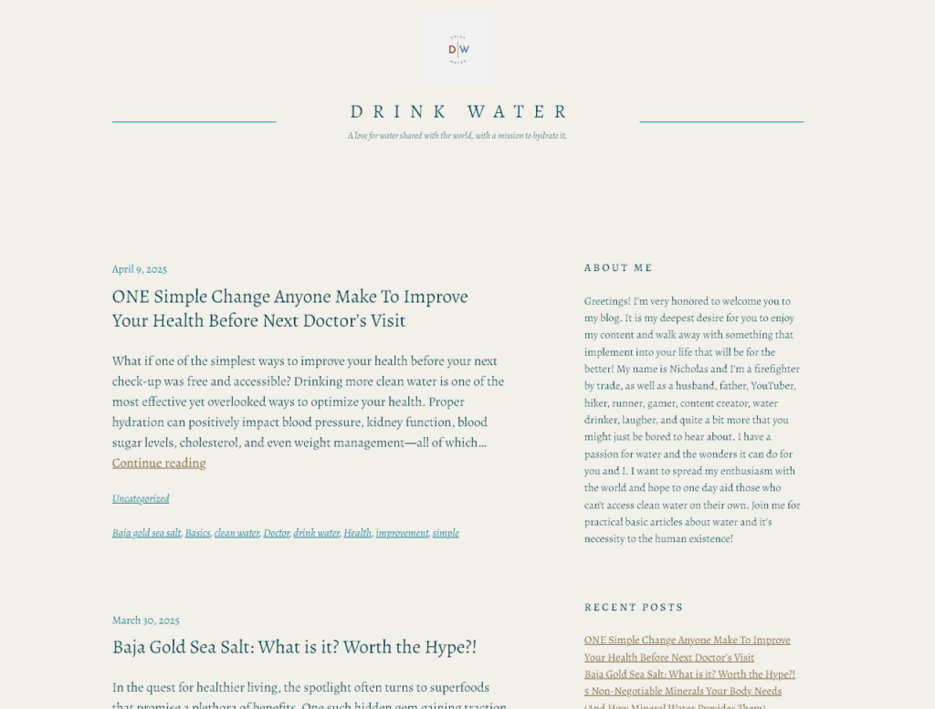 Homepage of Drink Water Wealth (Fifth Free Blog Review)