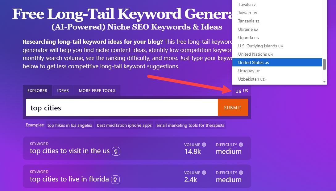 Changing the Language Used with the Long-Tail Keyword Generator