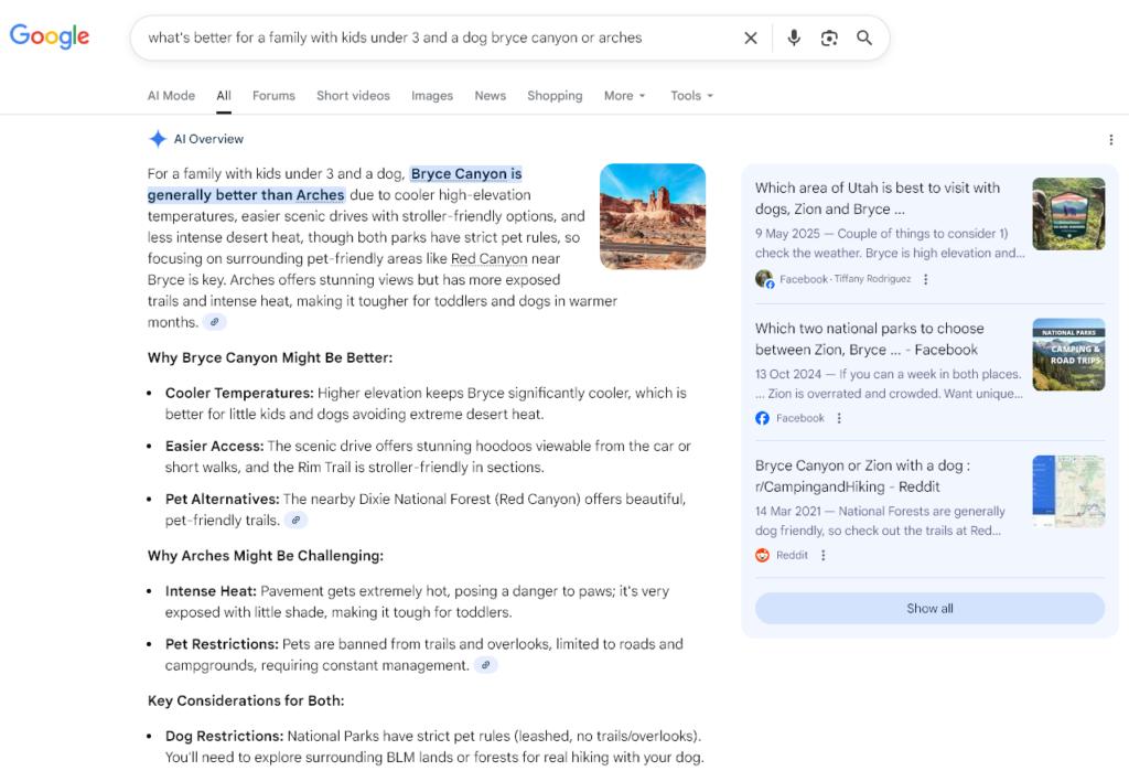 A screenshot of Google's search results, showing the AI overview for a query about hiking.