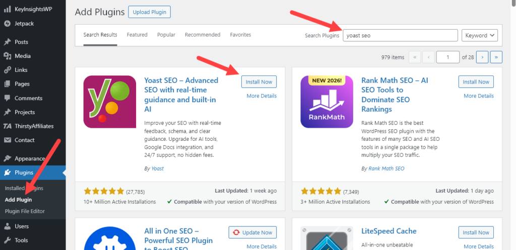 Adding a plugin to your new blog, using the WordPress Add Plugins page.