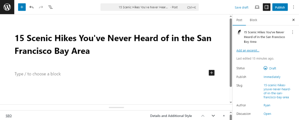 Screenshot of the post title filled in, using the WordPress block editor