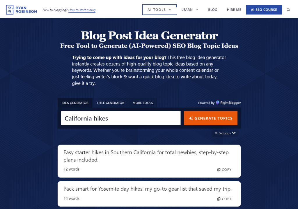 Using the AI blog post idea generator tool to come up with lots of ideas for your new blog