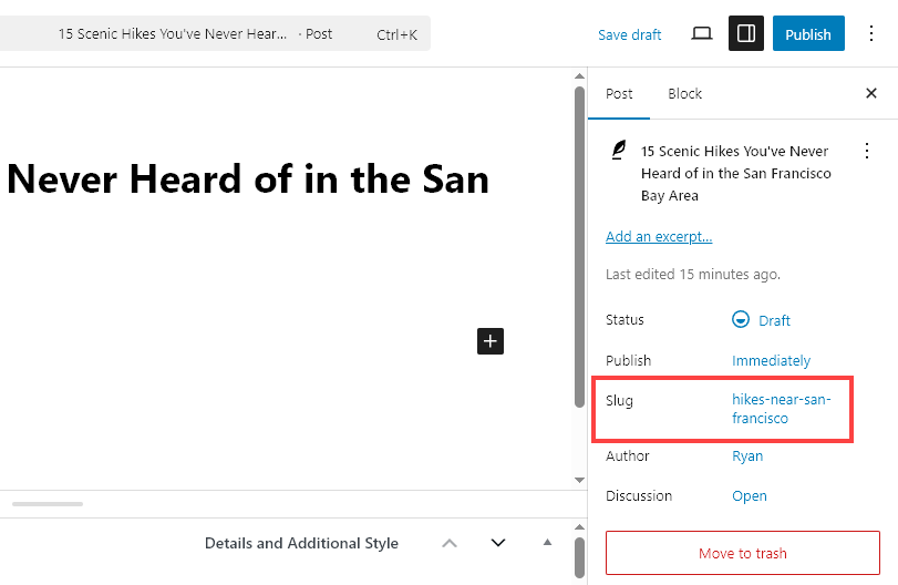 Editing the post slug (URL) for your new blog post in WordPress.