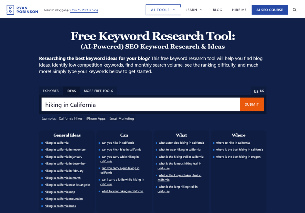 The ideas tab of the free AI-powered keyword research tool